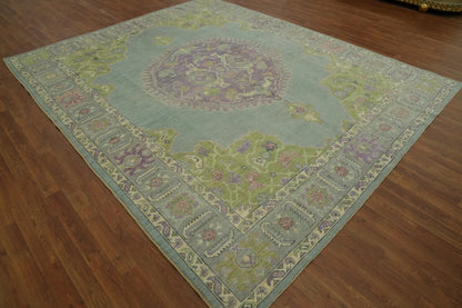 Heriz Serapi Oval Medallion Duck Egg Blue and Lavender Hand Knotted 8x10 Chartreuse Floral Wool Area Rug
