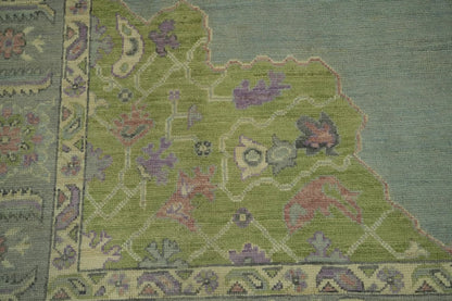 Heriz Serapi Oval Medallion Duck Egg Blue and Lavender Hand Knotted 8x10 Chartreuse Floral Wool Area Rug