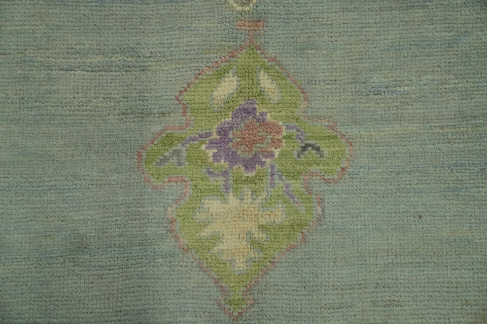 Heriz Serapi Oval Medallion Duck Egg Blue and Lavender Hand Knotted 8x10 Chartreuse Floral Wool Area Rug
