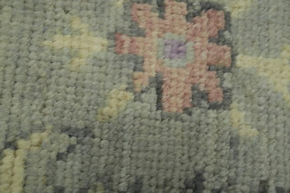 Heriz Serapi Oval Medallion Duck Egg Blue and Lavender Hand Knotted 8x10 Chartreuse Floral Wool Area Rug