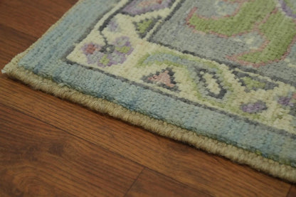 Heriz Serapi Oval Medallion Duck Egg Blue and Lavender Hand Knotted 8x10 Chartreuse Floral Wool Area Rug