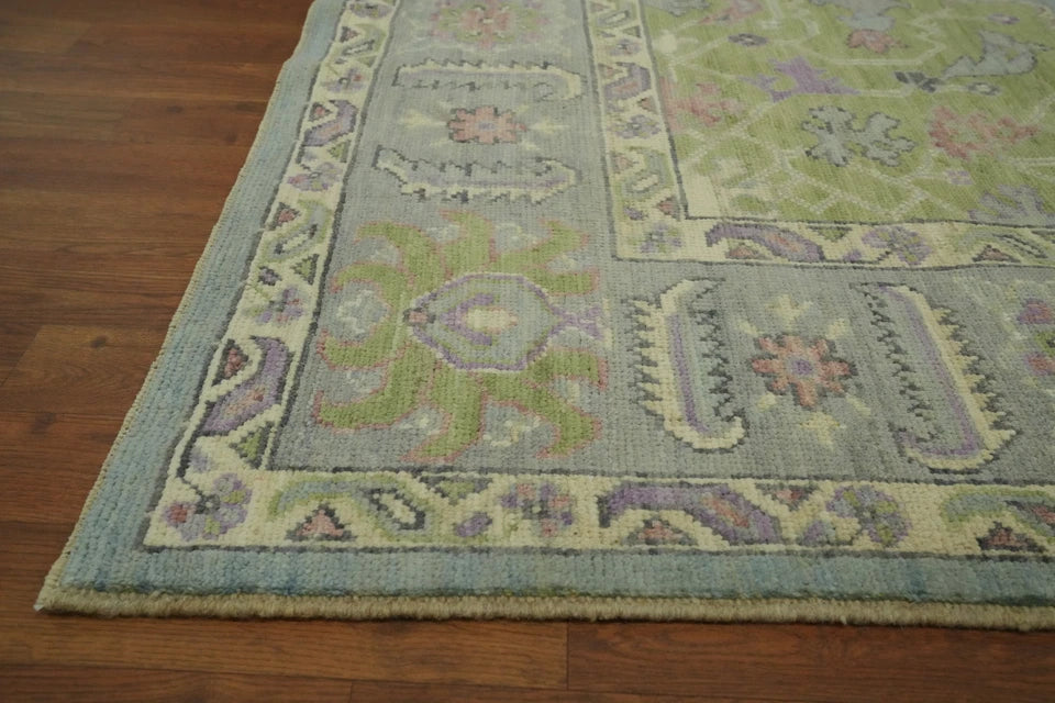Heriz Serapi Oval Medallion Duck Egg Blue and Lavender Hand Knotted 8x10 Chartreuse Floral Wool Area Rug