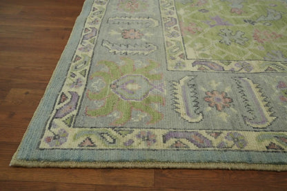 Heriz Serapi Oval Medallion Duck Egg Blue and Lavender Hand Knotted 8x10 Chartreuse Floral Wool Area Rug