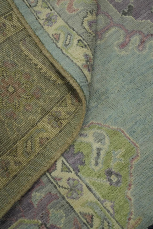 Heriz Serapi Oval Medallion Duck Egg Blue and Lavender Hand Knotted 8x10 Chartreuse Floral Wool Area Rug