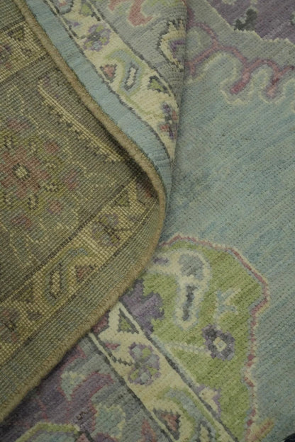 Heriz Serapi Oval Medallion Duck Egg Blue and Lavender Hand Knotted 8x10 Chartreuse Floral Wool Area Rug
