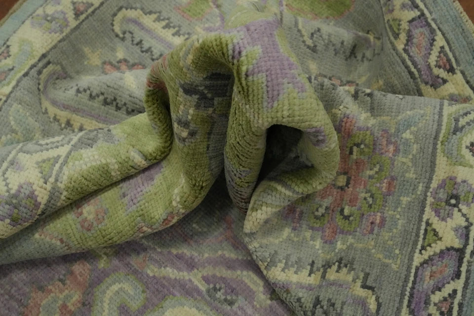 Heriz Serapi Oval Medallion Duck Egg Blue and Lavender Hand Knotted 8x10 Chartreuse Floral Wool Area Rug