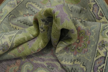 Heriz Serapi Oval Medallion Duck Egg Blue and Lavender Hand Knotted 8x10 Chartreuse Floral Wool Area Rug