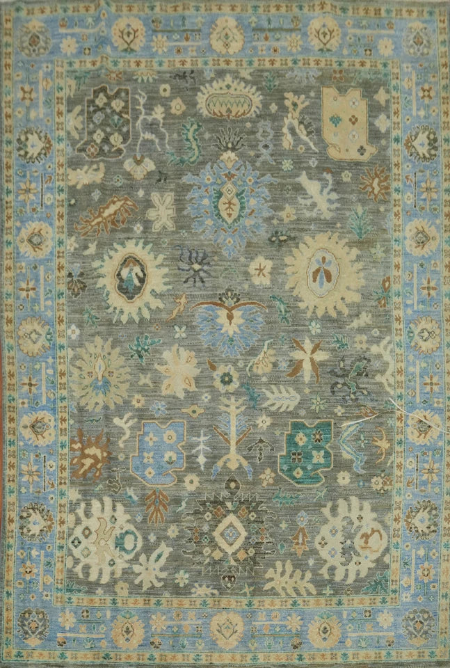 8x10 Unique Sage Grey and Blue Vintage Oushak Hand Knotted All-Over Folk Art Scatter Wool Area Rug