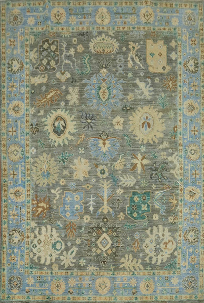 8x10 Unique Sage Grey and Blue Vintage Oushak Hand Knotted All-Over Folk Art Scatter Wool Area Rug