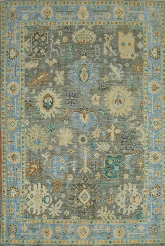 8x10 Unique Sage Grey and Blue Vintage Oushak Hand Knotted All-Over Folk Art Scatter Wool Area Rug