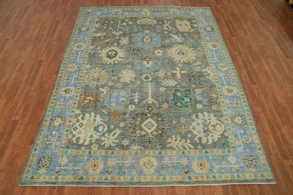 8x10 Unique Sage Grey and Blue Vintage Oushak Hand Knotted All-Over Folk Art Scatter Wool Area Rug