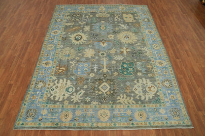 8x10 Unique Sage Grey and Blue Vintage Oushak Hand Knotted All-Over Folk Art Scatter Wool Area Rug