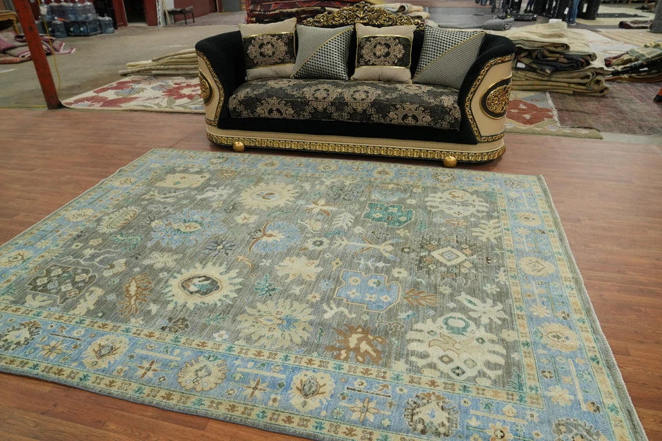8x10 Unique Sage Grey and Blue Vintage Oushak Hand Knotted All-Over Folk Art Scatter Wool Area Rug