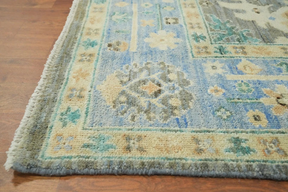 8x10 Unique Sage Grey and Blue Vintage Oushak Hand Knotted All-Over Folk Art Scatter Wool Area Rug