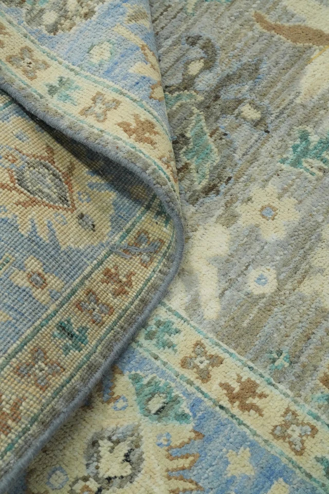 8x10 Unique Sage Grey and Blue Vintage Oushak Hand Knotted All-Over Folk Art Scatter Wool Area Rug