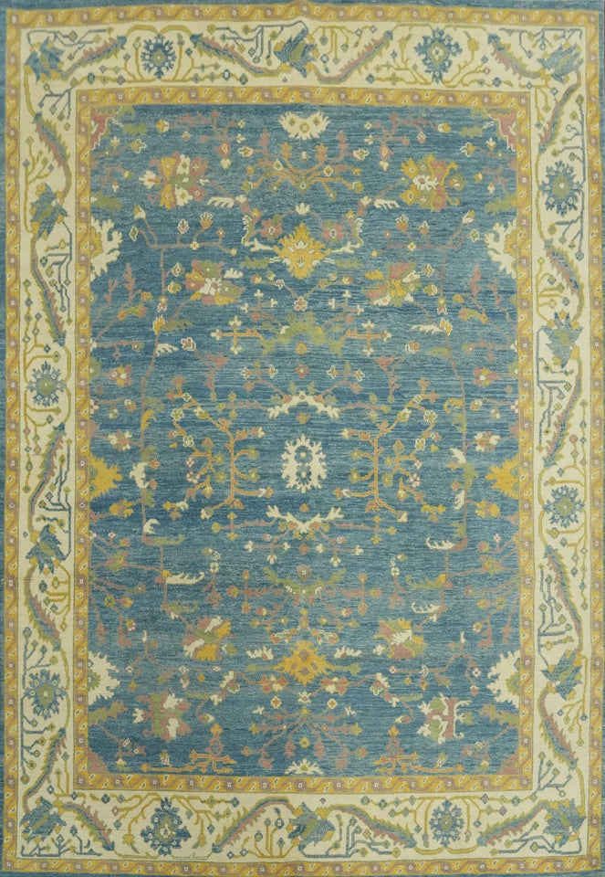 All-Over Floral Scroll Oushak Denim Blue and Gold Antique Traditional 8x10 Hand Knotted Wool Area Rug