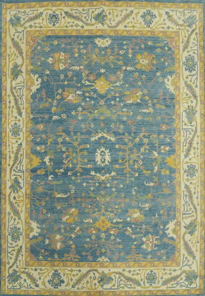 All-Over Floral Scroll Oushak Denim Blue and Gold Antique Traditional 8x10 Hand Knotted Wool Area Rug