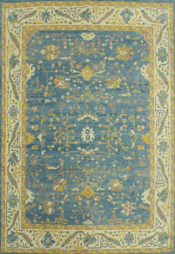 All-Over Floral Scroll Oushak Denim Blue and Gold Antique Traditional 8x10 Hand Knotted Wool Area Rug