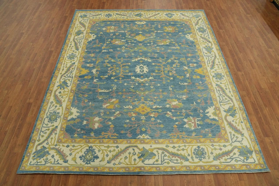 All-Over Floral Scroll Oushak Denim Blue and Gold Antique Traditional 8x10 Hand Knotted Wool Area Rug