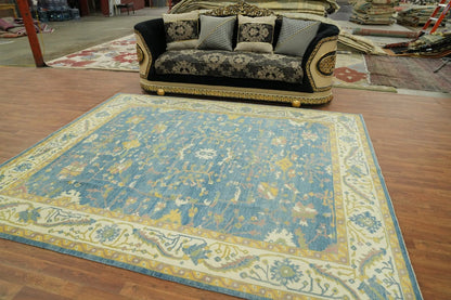 All-Over Floral Scroll Oushak Denim Blue and Gold Antique Traditional 8x10 Hand Knotted Wool Area Rug