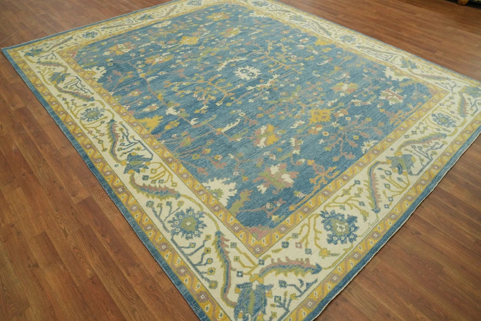 All-Over Floral Scroll Oushak Denim Blue and Gold Antique Traditional 8x10 Hand Knotted Wool Area Rug