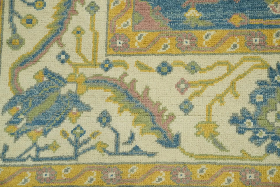 All-Over Floral Scroll Oushak Denim Blue and Gold Antique Traditional 8x10 Hand Knotted Wool Area Rug