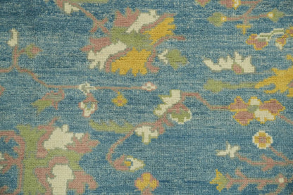 All-Over Floral Scroll Oushak Denim Blue and Gold Antique Traditional 8x10 Hand Knotted Wool Area Rug