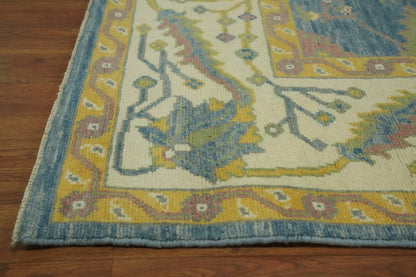 All-Over Floral Scroll Oushak Denim Blue and Gold Antique Traditional 8x10 Hand Knotted Wool Area Rug