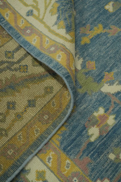 All-Over Floral Scroll Oushak Denim Blue and Gold Antique Traditional 8x10 Hand Knotted Wool Area Rug