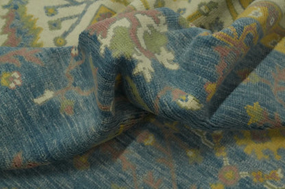 All-Over Floral Scroll Oushak Denim Blue and Gold Antique Traditional 8x10 Hand Knotted Wool Area Rug