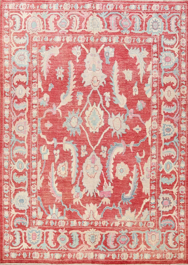 Hand Knotted Oushak Bold Crimson Red and Ivory 8x10 All-Over Large Floral Vine Scroll Antique Wool Area Rug
