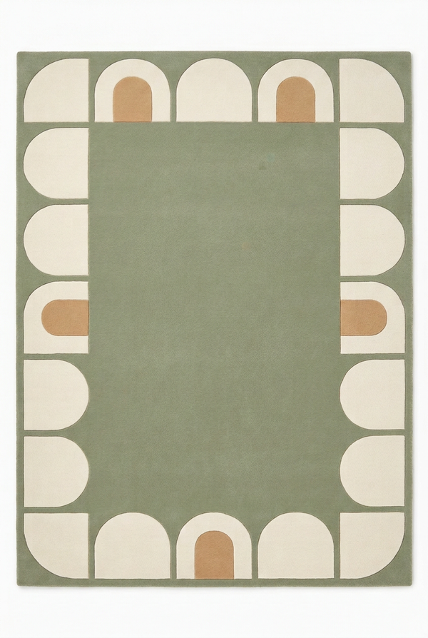 Architectural Arch Border Sage Green Ivory and Tan Hand Tufted Custom Made Wool Area Rug