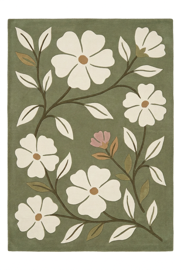 Hand Tufted Sage Green and Ivory Floral Blossom Custom Made Wool Area Rug