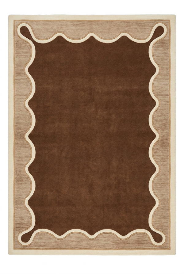 Brown Wavy Border Hand Tufted Wool Area Rug Ivory and Tan Custom Sizes