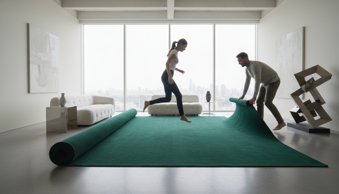 A luxurious emerald green saturated jewel tone rug anchoring a minimalist white-walled living room with architectural skylights.