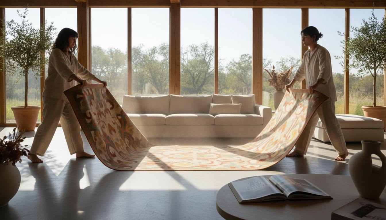 Luxurious Folk Nouveau flatweave rug featuring organic patterns in a modern architectural living room.