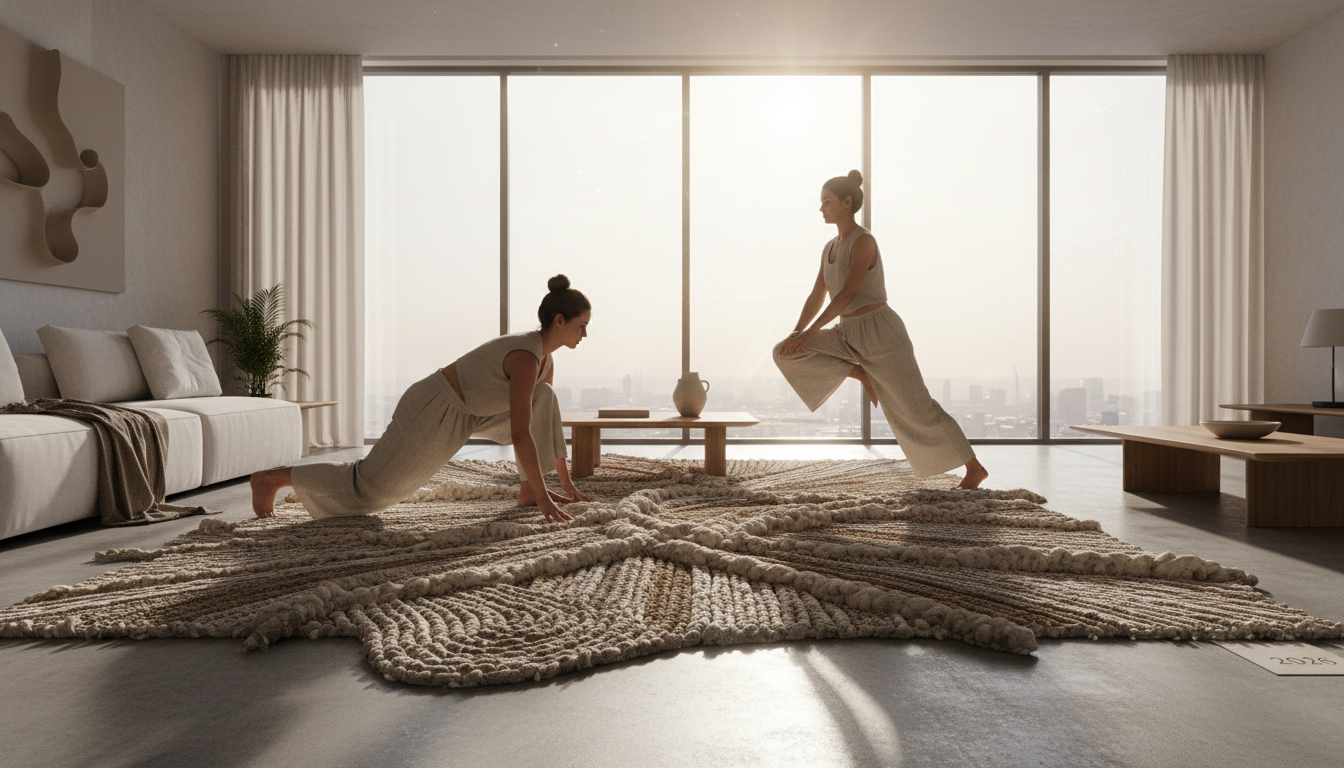 A luxury modern living room showcasing sustainable bio-fiber rugs 2026 with a focus on natural textures and biophilic design.