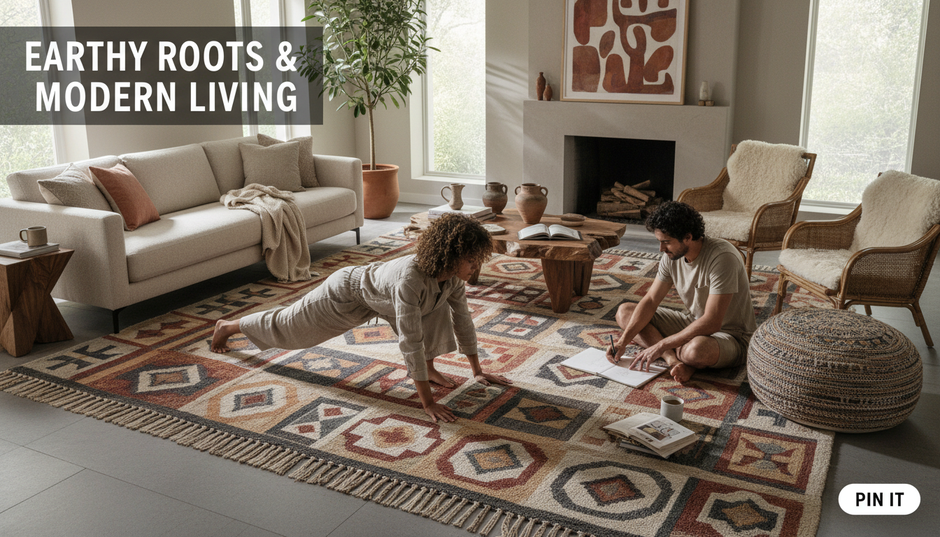 Designer living room showcasing Afro-Bohemian heritage rugs 2026 with intricate geometric patterns and earthy textures.