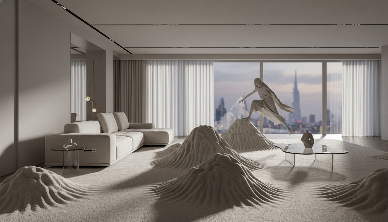 A luxurious cream-colored sensory rug for 2026 featuring topographical 3D textures in a minimalist living room.