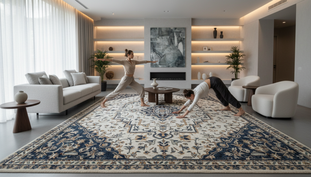 Luxurious hand-knotted Indian wool rug in a minimalist 2026 living room setting.