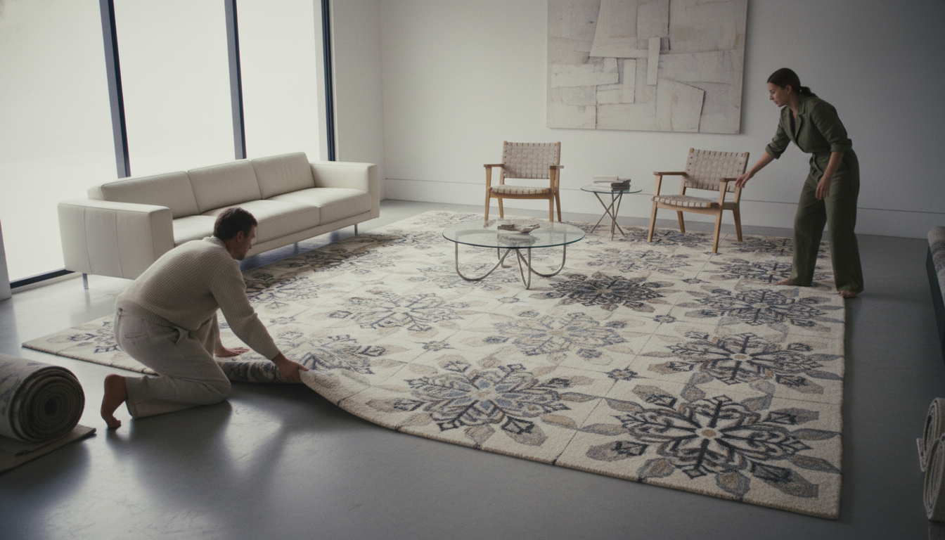 A luxury living room showcasing fractal pattern rugs 2026 with snowflake-inspired geometric designs and minimalist furniture.
