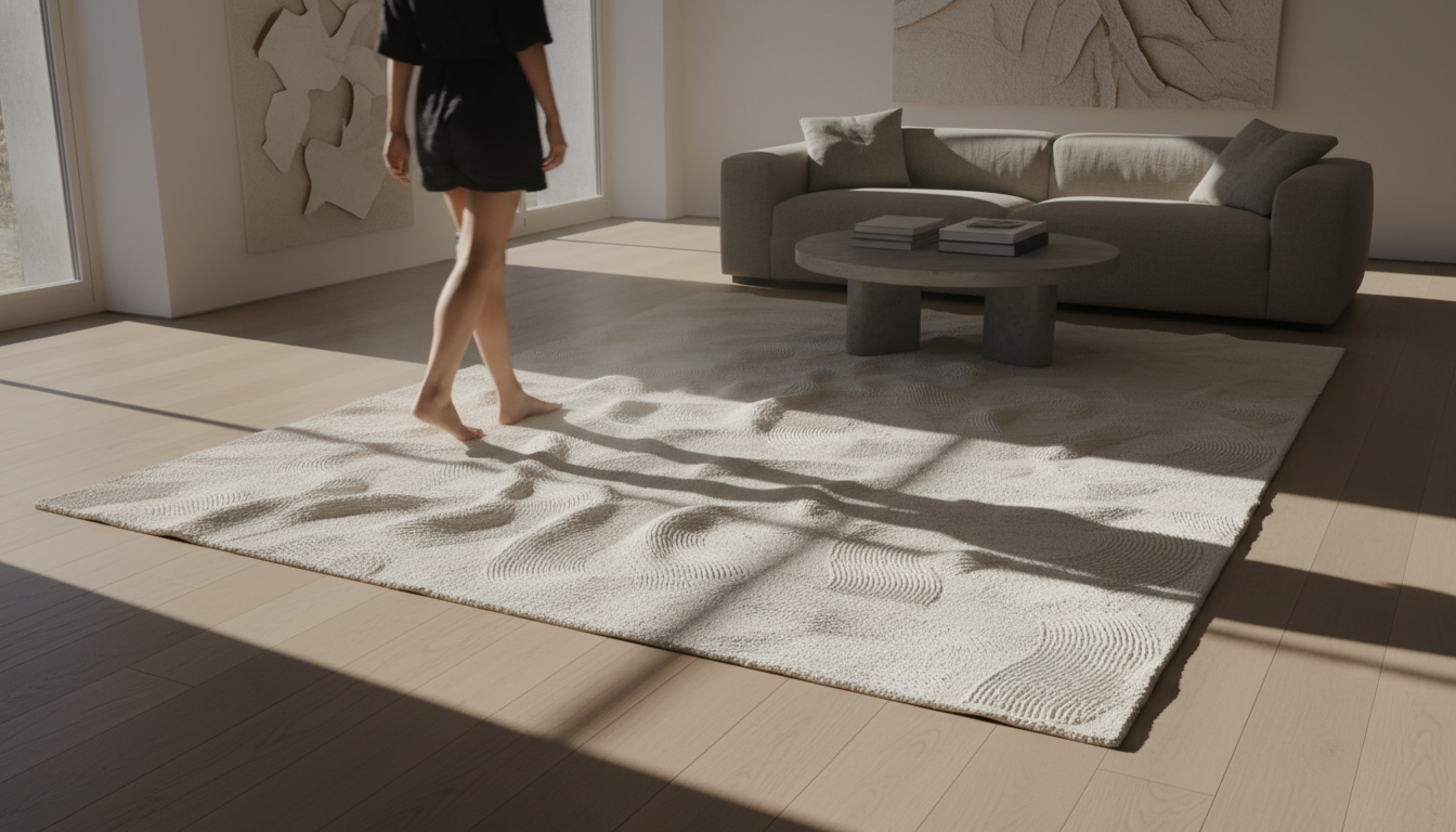 Sculptural bone white haptic plaster rug with 3D relief texture in a minimalist living room.