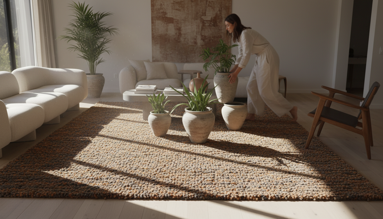 A sophisticated living room highlighting the 2026 wabi-sabi rug trend with scorched ochre and shadow grey tones.