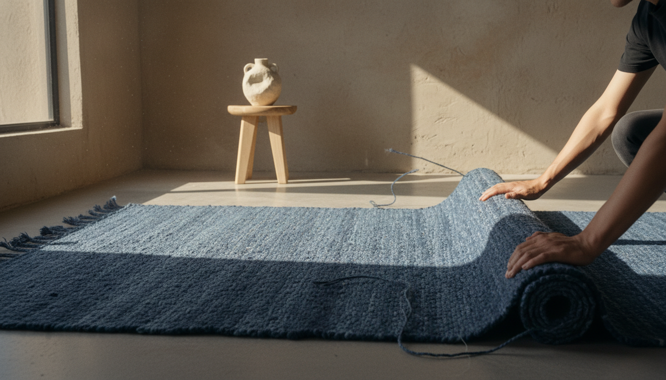 Close-up of a textured stone-washed indigo hemp rug showcasing the intricate weave and natural blue variations in a modern minimalist room.