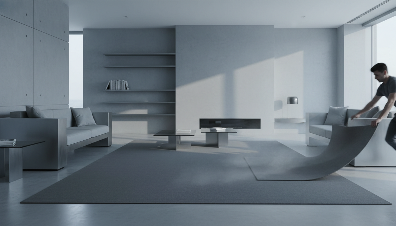 A sterile modern living room showcasing the visual coldness of traditional sharp-edged minimalism before the introduction of organic textures.