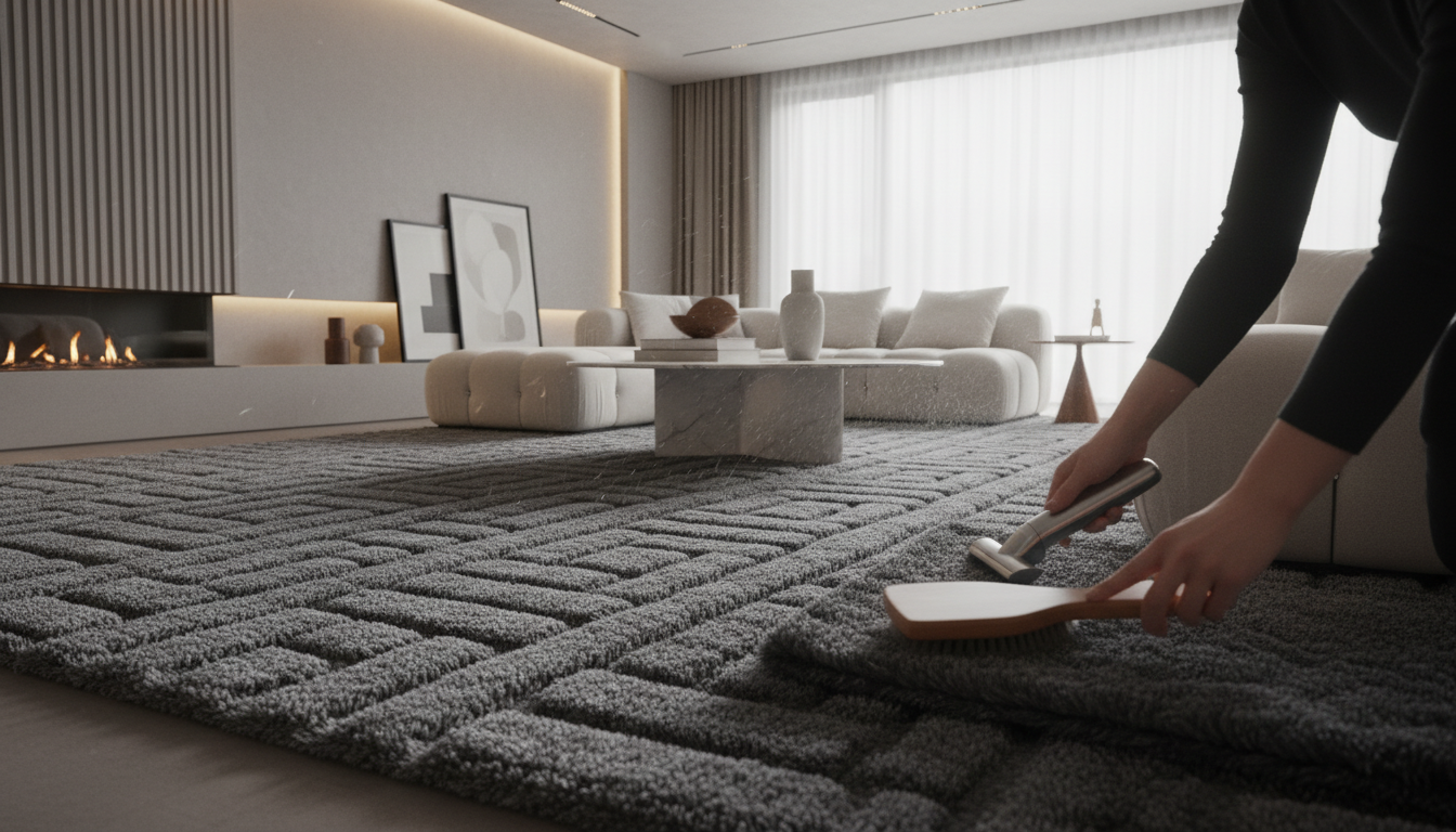 A luxurious textured grey area rug anchoring a modern living room with high-end designer furniture.