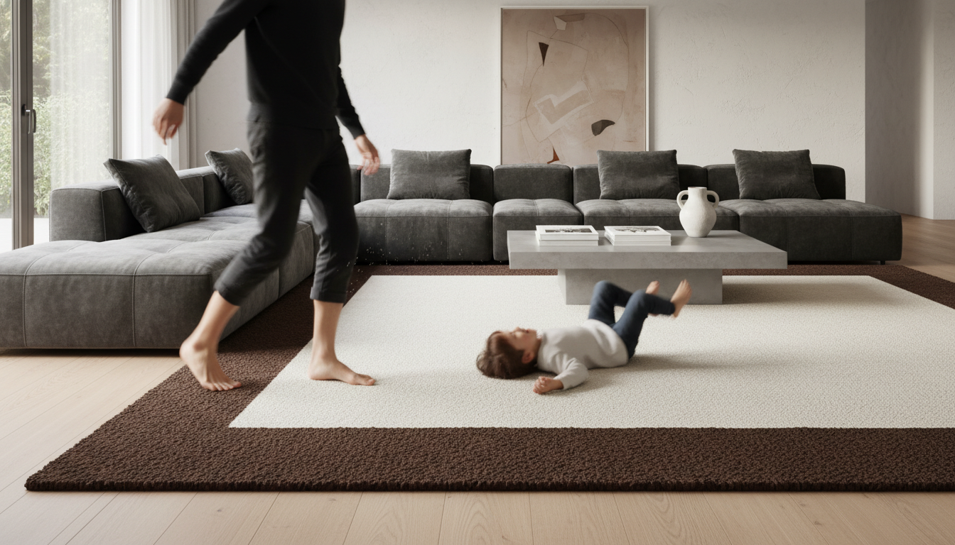 A Statement Border Rug 2026 anchoring a modern living space with a thick high-contrast frame.