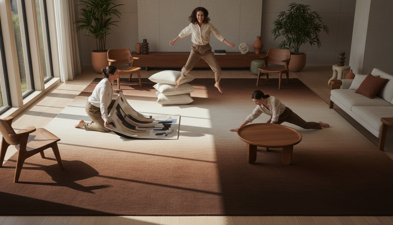 Luxury living room showcasing a mocha ombre rug 2026 trend with a rich brown to cream gradient under minimalist furniture.