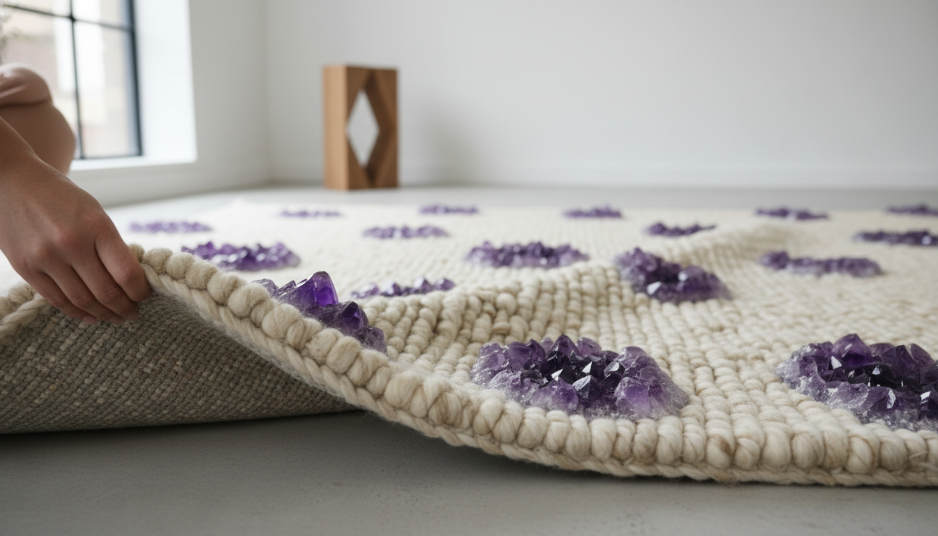 Close-up of a luxury Mineral-Inlay Rug for 2026 featuring raw amethyst stones woven into deep charcoal wool fibers.