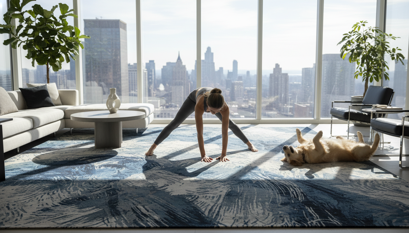 A sophisticated modern living room illustrating how a Top 10 trending rug anchors furniture and defines architectural space.